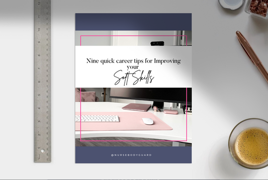 Book cover titled 'Nine quick career tips for Improving your Soft Skills' on a desk with a ruler and coffee.